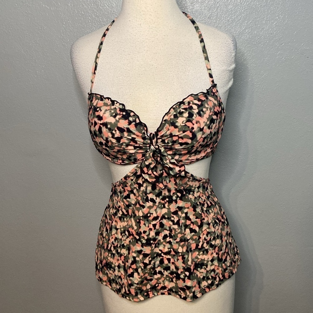 Sun Dazed Tankini Swim Top Padded Underwire Ruffle Pink Green 34C - Picture 2 of 8